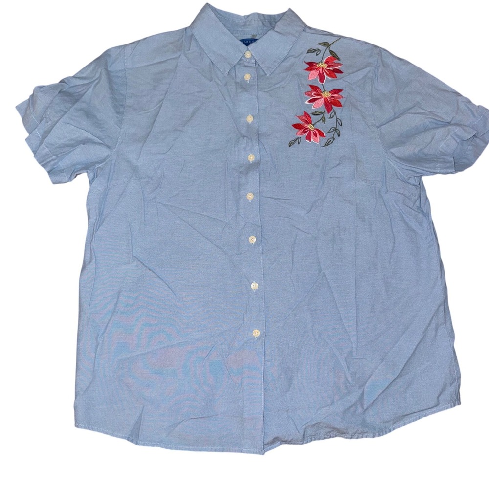 Karen Scott‎ Sport Cotton Blue Embroidered Floral Button Up Shirt Women L